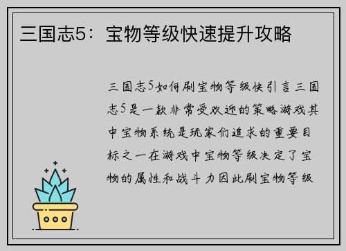 三国志5：宝物等级快速提升攻略